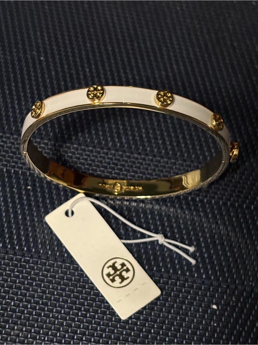 BNWT Tory Burch White Enamel and Gold plated Logo Stud Bangle